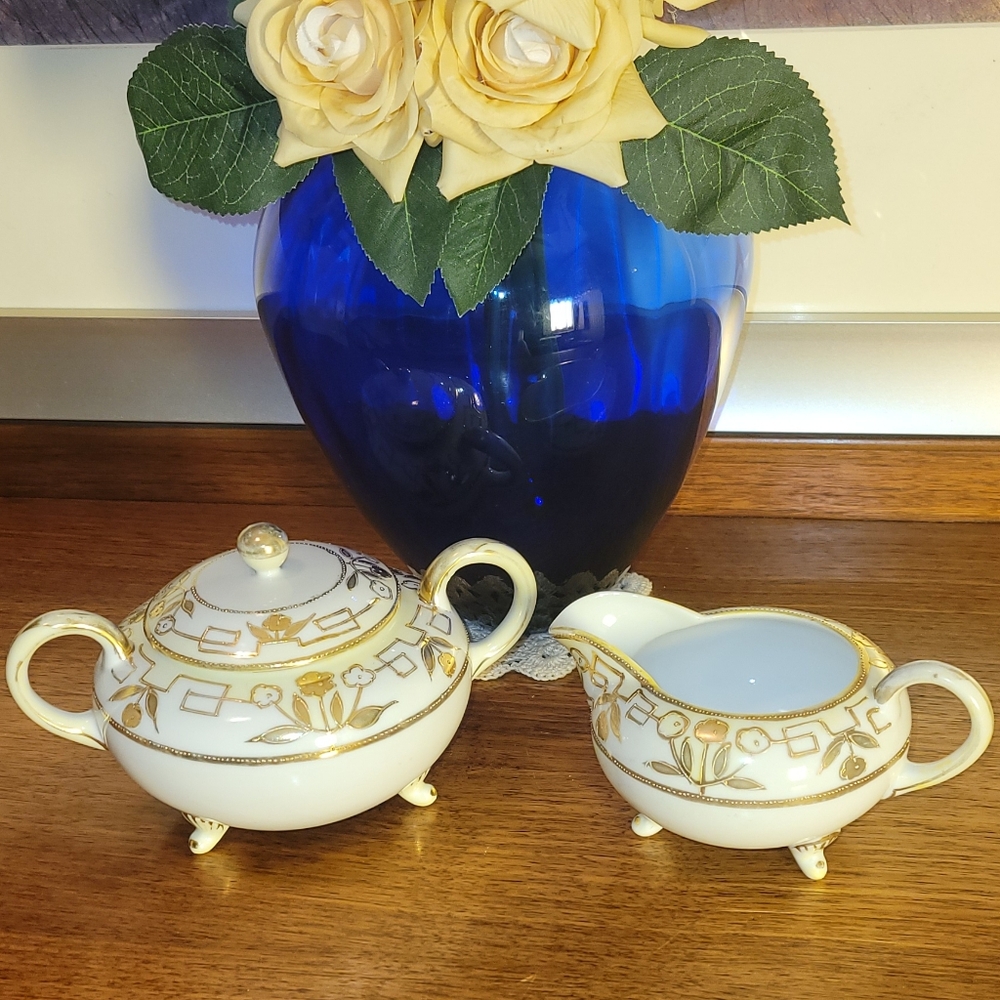Antique Hand Painted Nippon Gold and Cream Porcelain Sugar and Creamer Set.